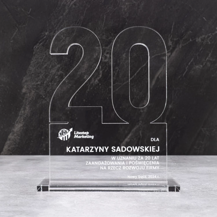 Acrylic statuette with logo for company anniversary - transparent acrylic - height 20 cm - DTA125