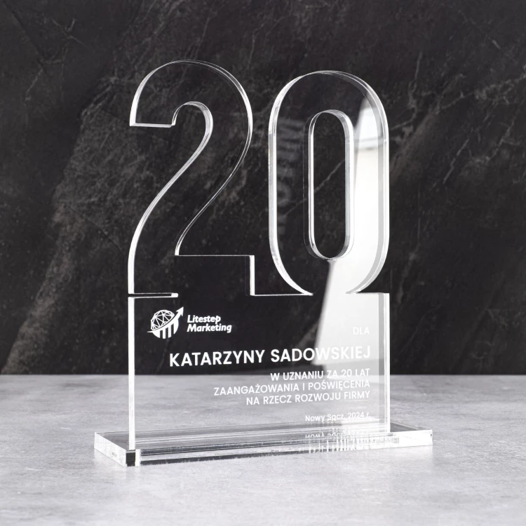 Acrylic statuette with logo for company anniversary - transparent acrylic - height 20 cm - DTA125