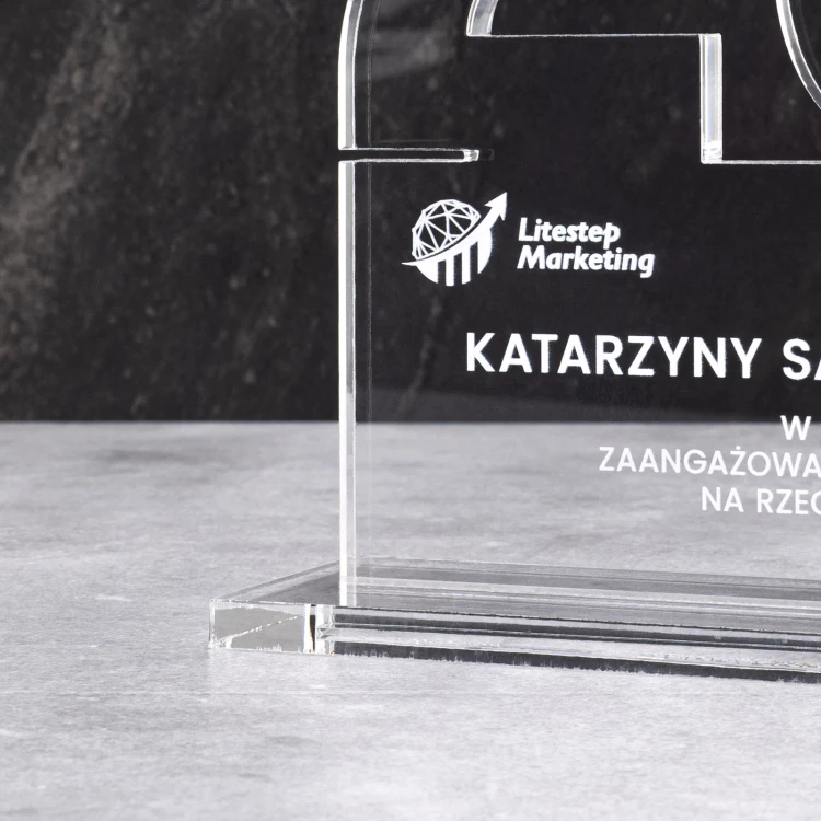 Acrylic statuette with logo for company anniversary - transparent acrylic - height 20 cm - DTA125