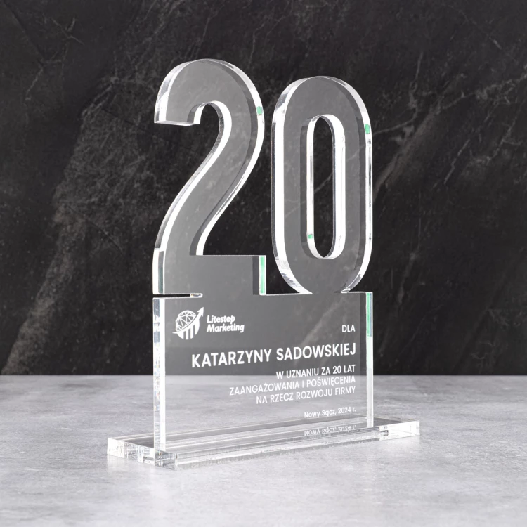 Acrylic statuette with logo for company anniversary - transparent acrylic - height 20 cm - DTA125