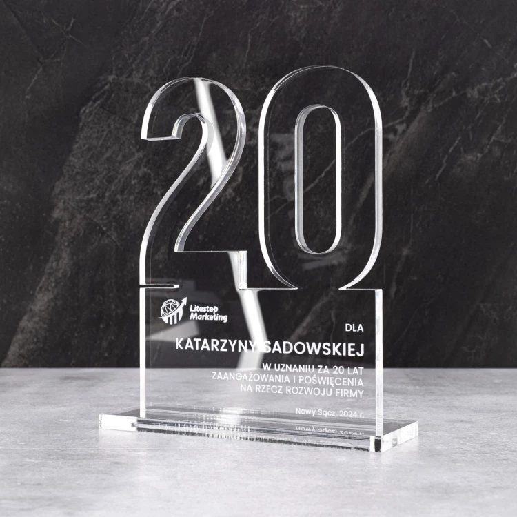 Acrylic statuette with logo for company anniversary - transparent acrylic - height 20 cm - DTA125