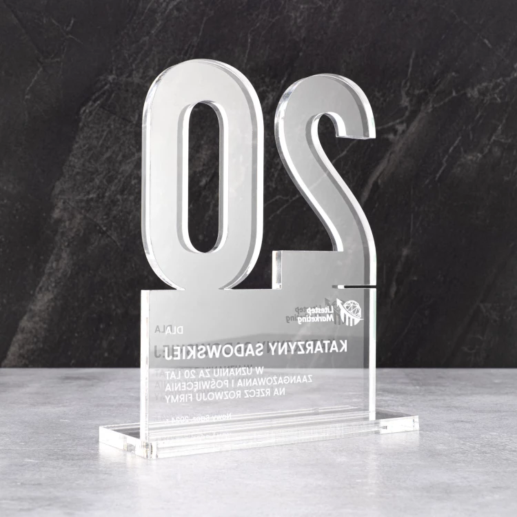 Acrylic statuette with logo for company anniversary - transparent acrylic - height 20 cm - DTA125