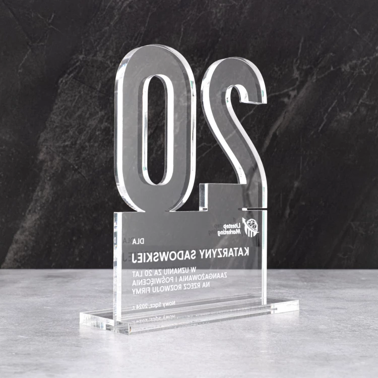 Acrylic statuette with logo for company anniversary - transparent acrylic - height 20 cm - DTA125