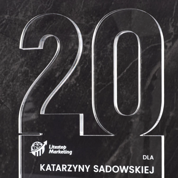 Acrylic statuette with logo for company anniversary - transparent acrylic - height 20 cm - DTA125