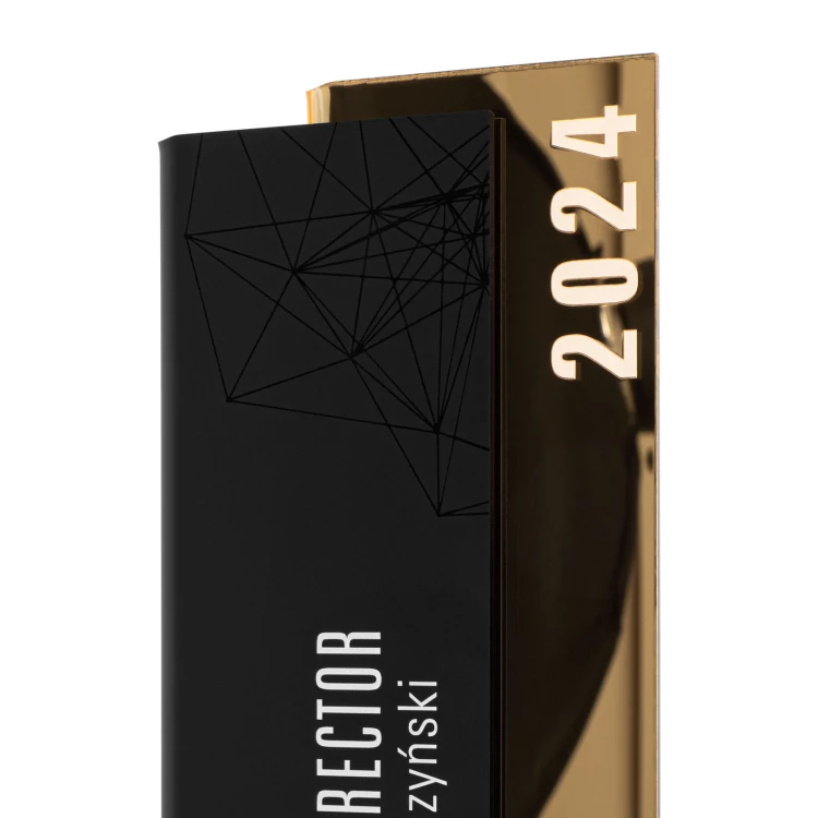 Business statuette with company logo - gold mirror acrylic - height 24 cm - DTA130