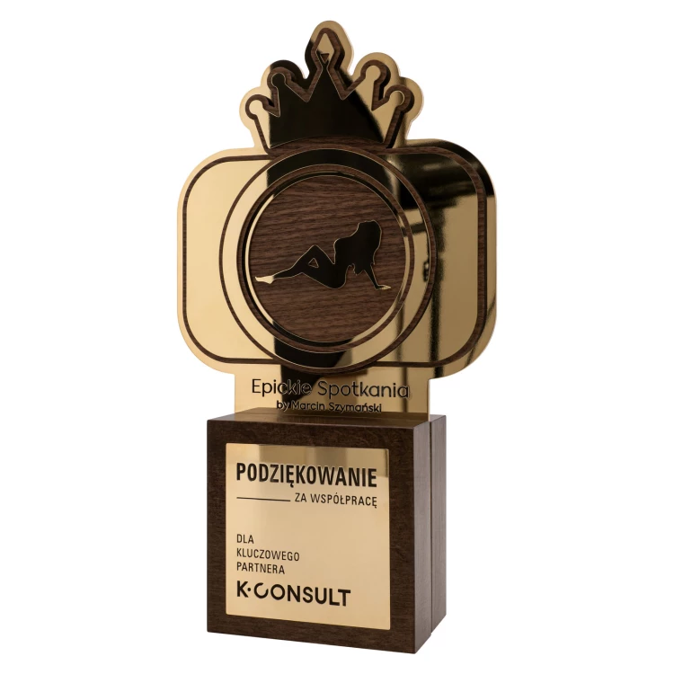 Exclusive business statuette with engraving - solid wood and brass - H 294 mm - DTA169
