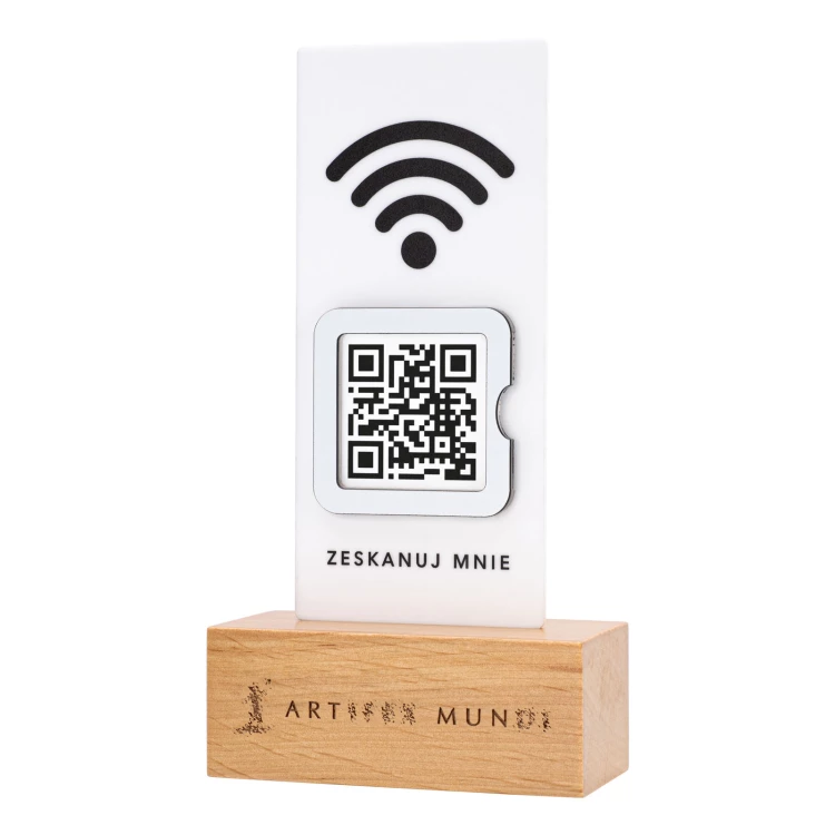 Information stand with QR code - white acrylic on wooden pedestal - ST057