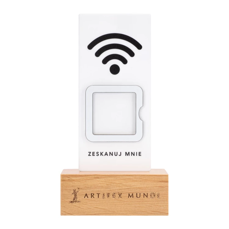 Information stand with QR code - white acrylic on wooden pedestal - ST057