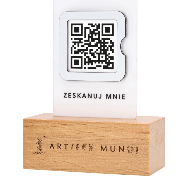 Information stand with QR code - white acrylic on wooden pedestal - ST057