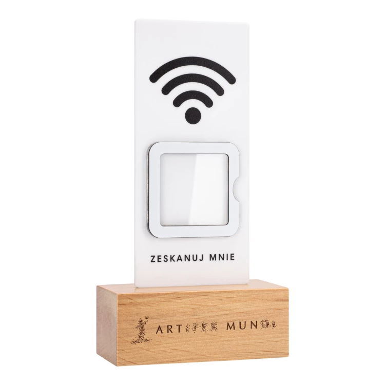 Information stand with QR code - white acrylic on wooden pedestal - ST057