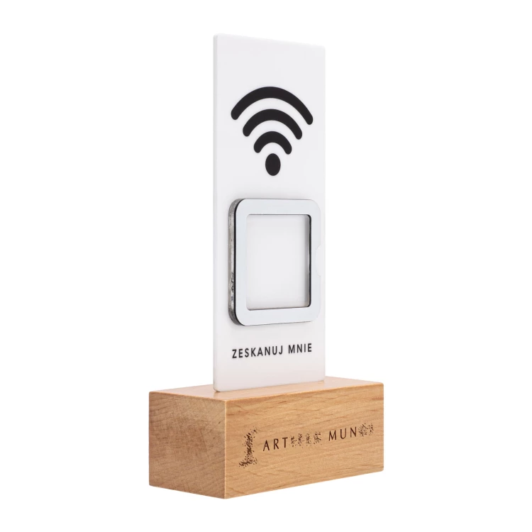 Information stand with QR code - white acrylic on wooden pedestal - ST057