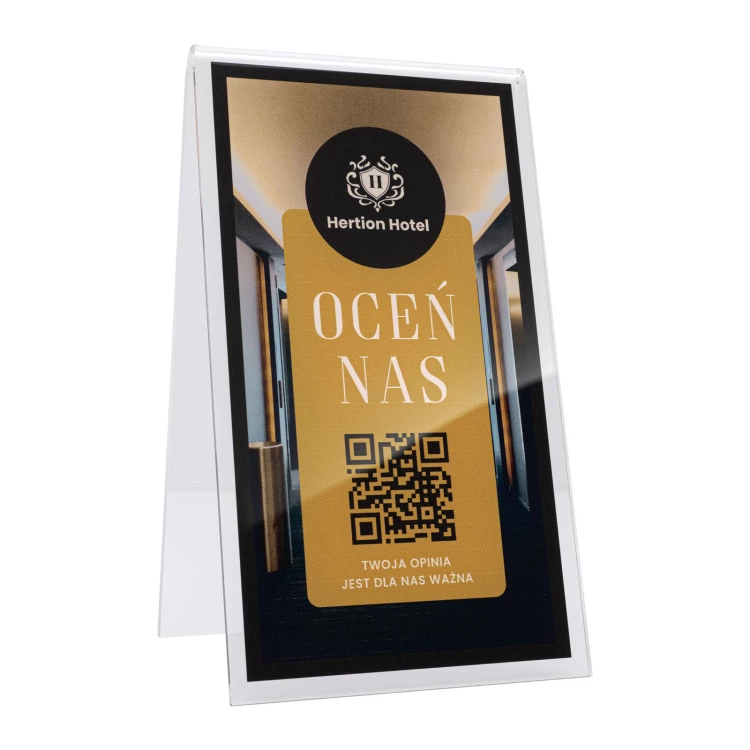 Information stand with QR code - transparent acrylic with UV print - dimensions 100x175mm - ST068