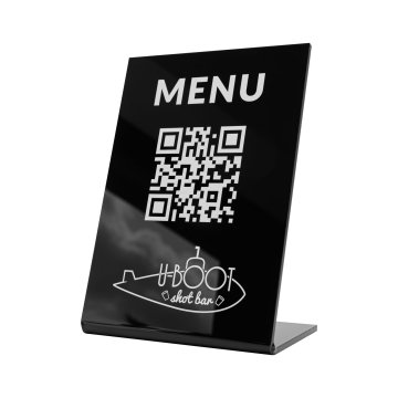 Menu stand with QR code - black acrylic with UV print - dimensions 100x150mm - ST069