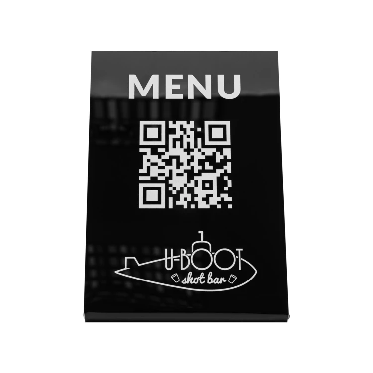 Menu stand with QR code - black acrylic with UV print - dimensions 100x150mm - ST069
