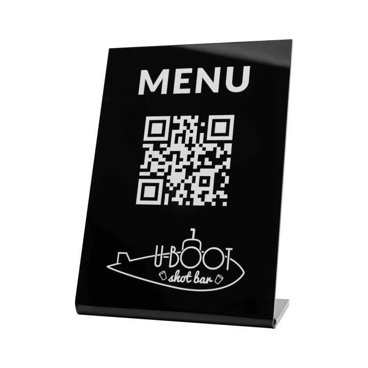 Menu stand with QR code - black acrylic with UV print - dimensions 100x150mm - ST069