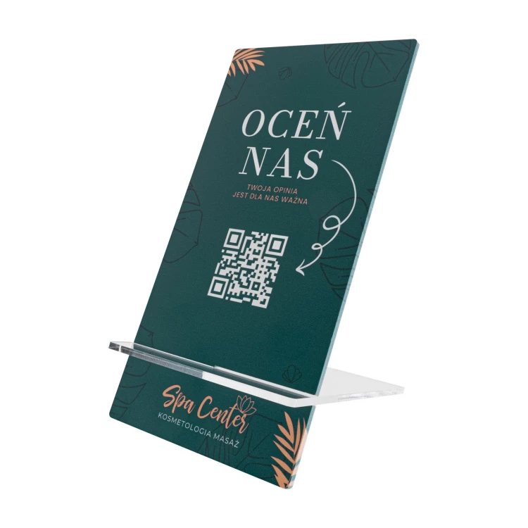 Information stand with QR code - white acrylic with UV print - size 90x175mm - ST070