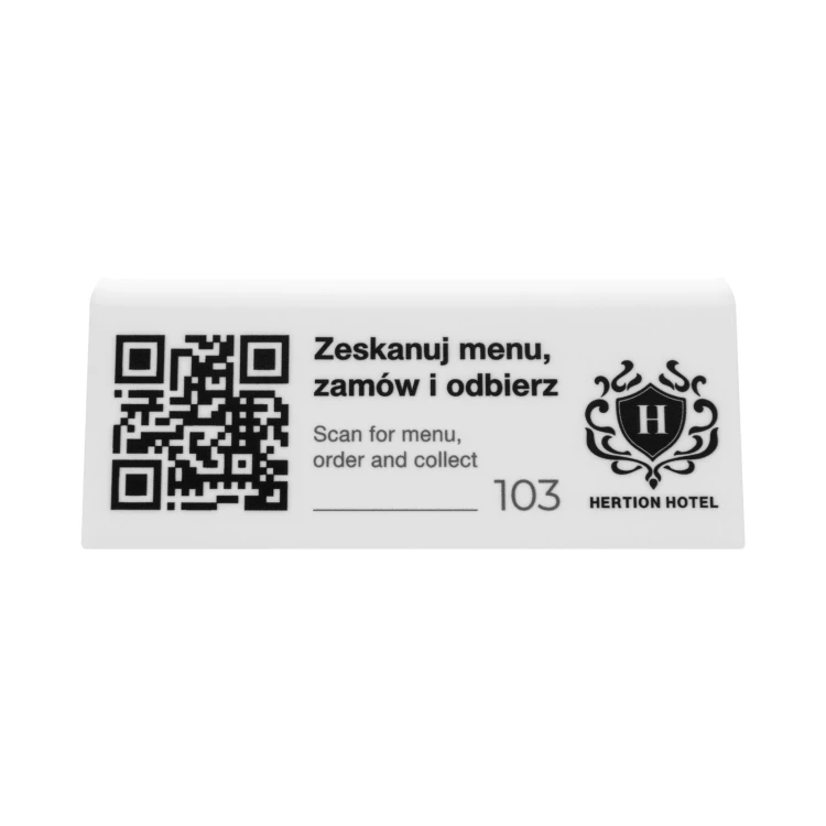 Information stand with QR code - white acrylic with UV print - size 120x50mm - ST079
