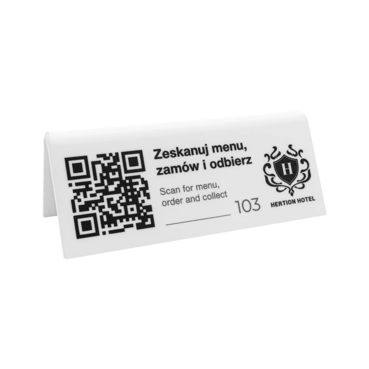 Information stand with QR code - white acrylic with UV print - size 120x50mm - ST079