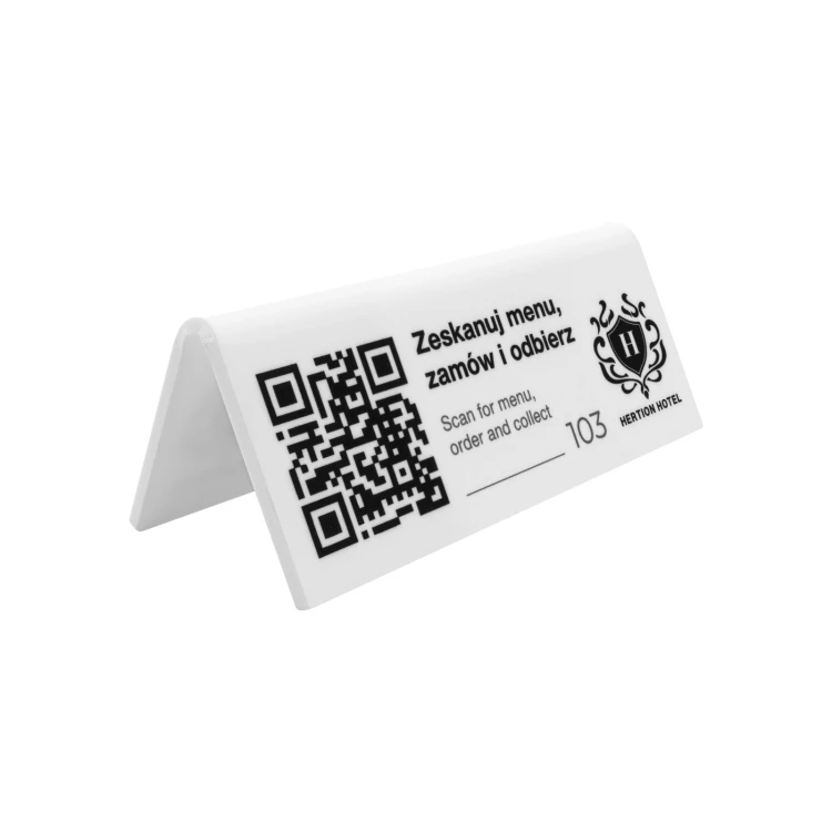 Information stand with QR code - white acrylic with UV print - size 120x50mm - ST079