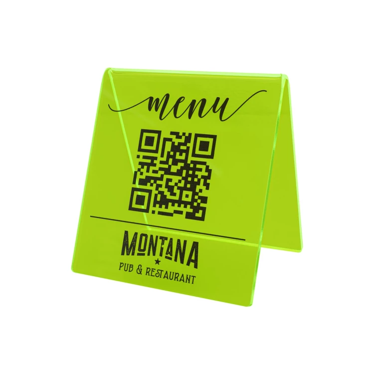 Menu stand with QR code - neon green acrylic with UV print - size 90x100mm - ST072