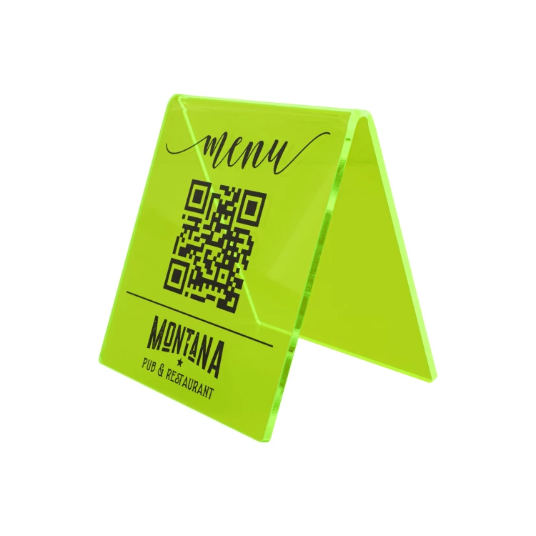 Menu stand with QR code - neon green acrylic with UV print - size 90x100mm - ST072