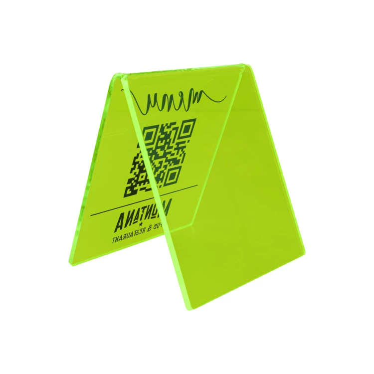 Menu stand with QR code - neon green acrylic with UV print - size 90x100mm - ST072