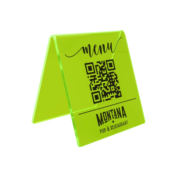Menu stand with QR code - neon green acrylic with UV print - size 90x100mm - ST072