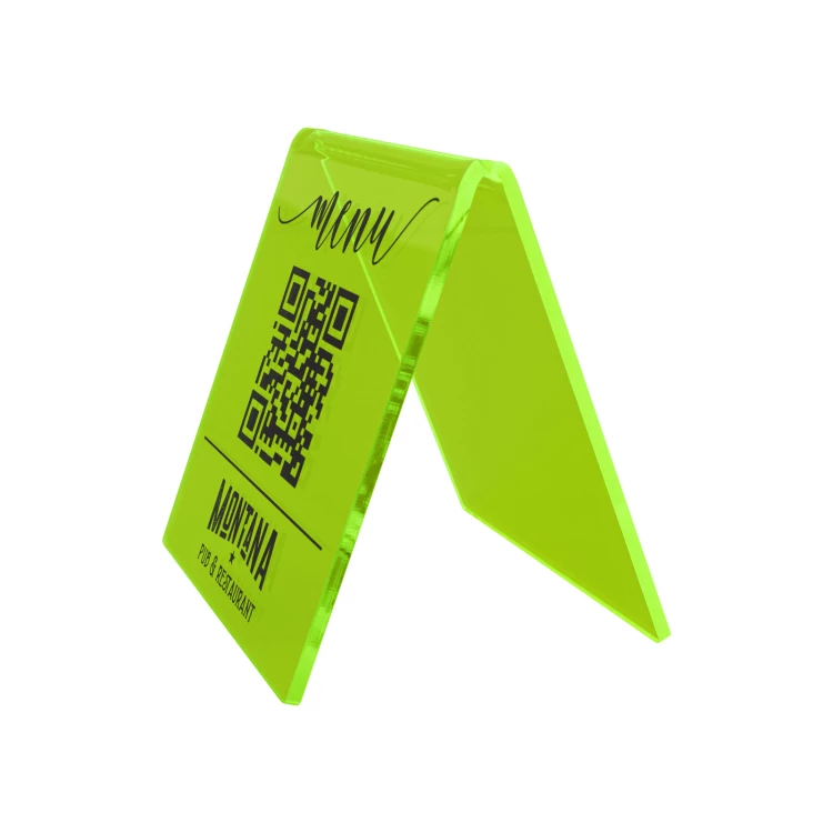 Menu stand with QR code - neon green acrylic with UV print - size 90x100mm - ST072