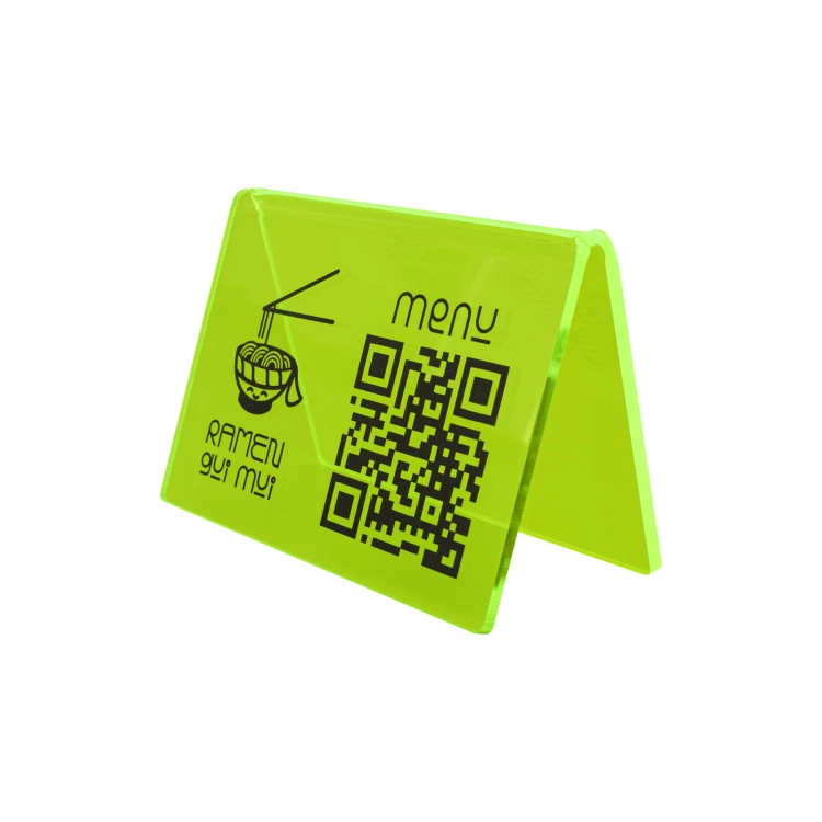 Menu stand with QR code - neon green acrylic with UV print - size 100x70mm - ST073