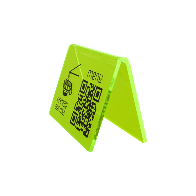 Menu stand with QR code - neon green acrylic with UV print - size 100x70mm - ST073