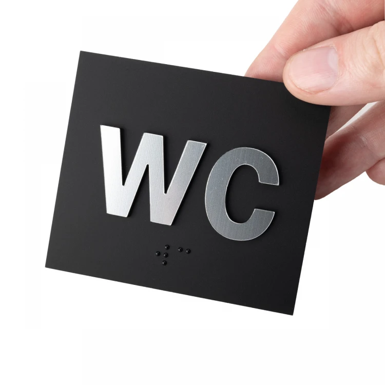 WC - Braille lettering plaque - matte black acrylic and silver laminate - size 80x70mm - TAB489