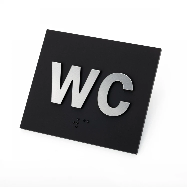 WC - Braille lettering plaque - matte black acrylic and silver laminate - size 80x70mm - TAB489
