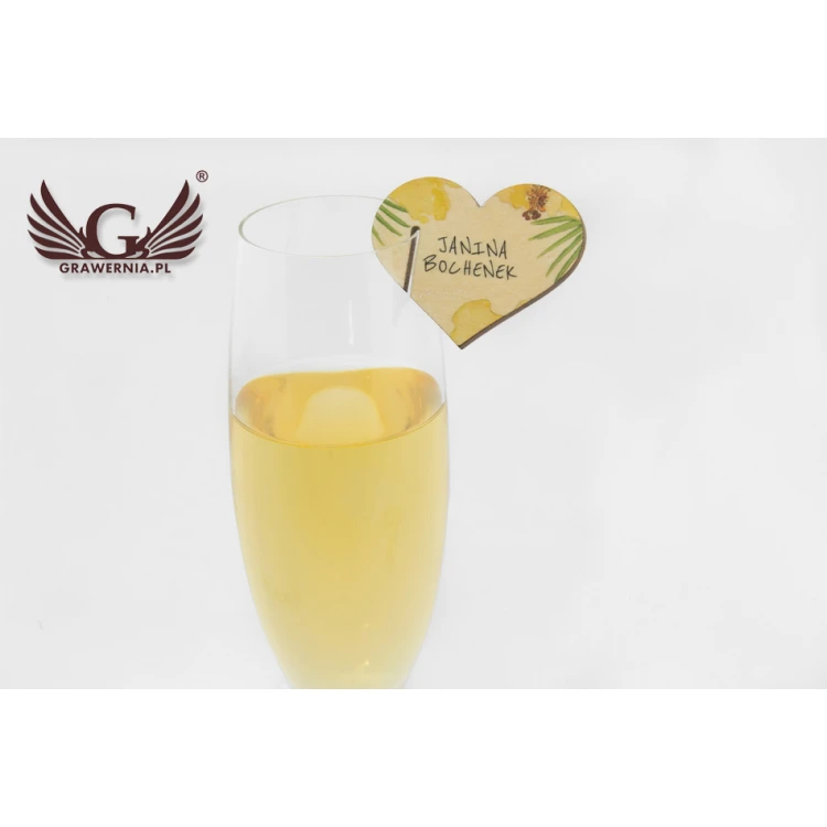 Champagne Glass Place Cards - Wooden Hearts - UV Print - WK006