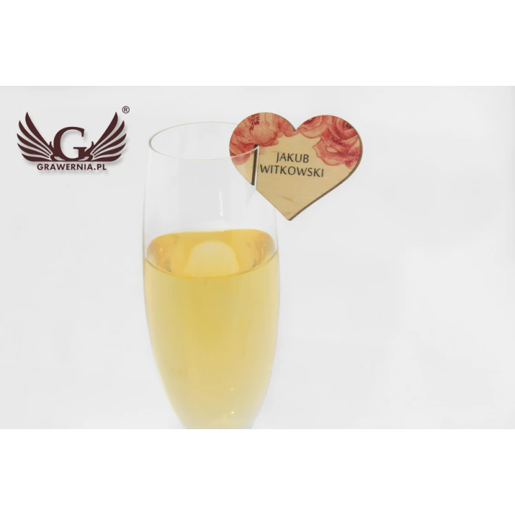 Champagne Glass Place Cards - Wooden Hearts - UV Print - WK006