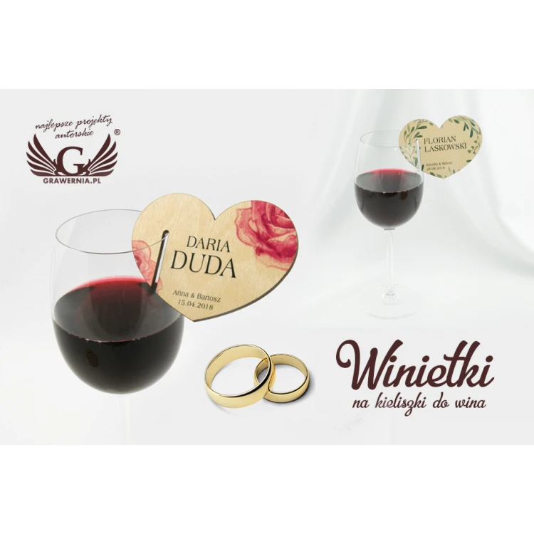 Wine Glass Place Cards - Wooden Hearts - UV Print - WK001