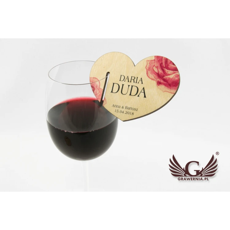 Wine Glass Place Cards - Wooden Hearts - UV Print - WK001