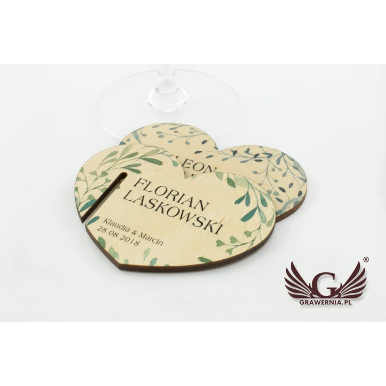 Wine Glass Place Cards - Wooden Hearts - UV Print - WK001