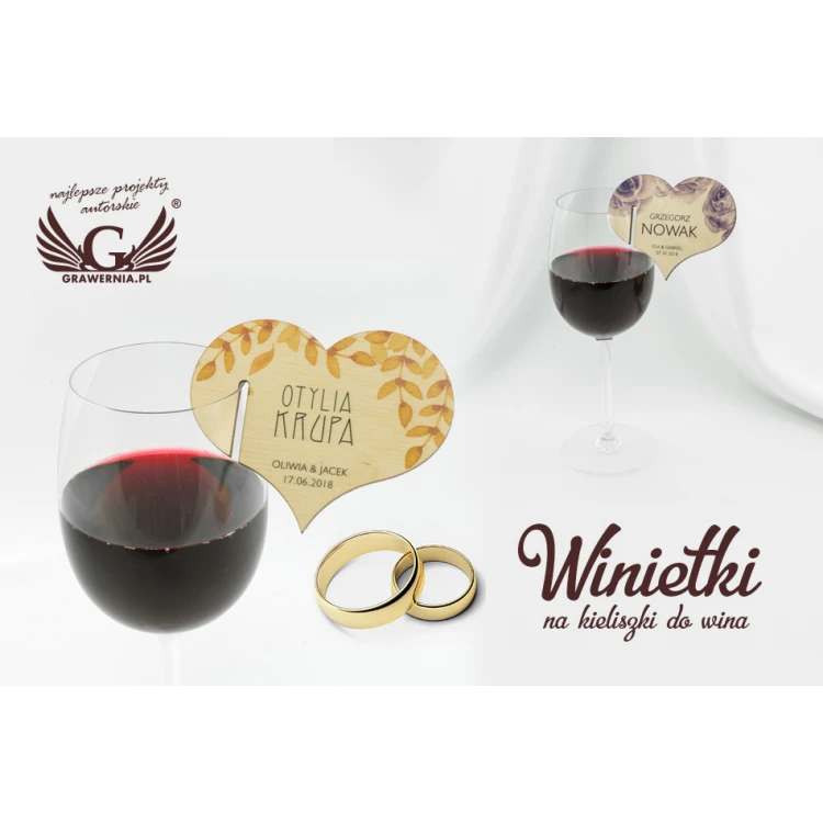 Wine Glass Place Cards - Wooden Hearts - UV Print - WK002