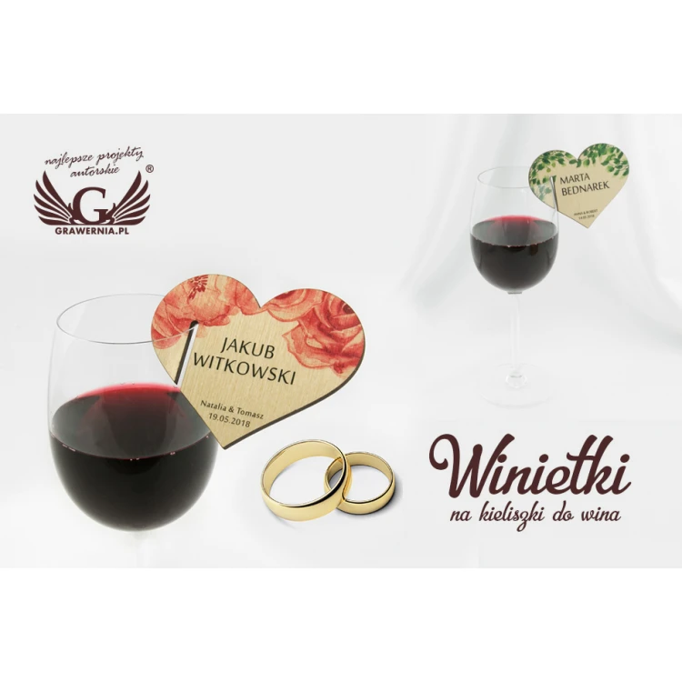 Wine Glass Place Cards - Wooden Hearts - UV Print - WK003
