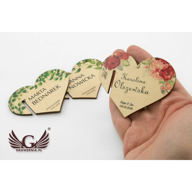 Wine Glass Place Cards - Wooden Hearts - UV Print - WK003