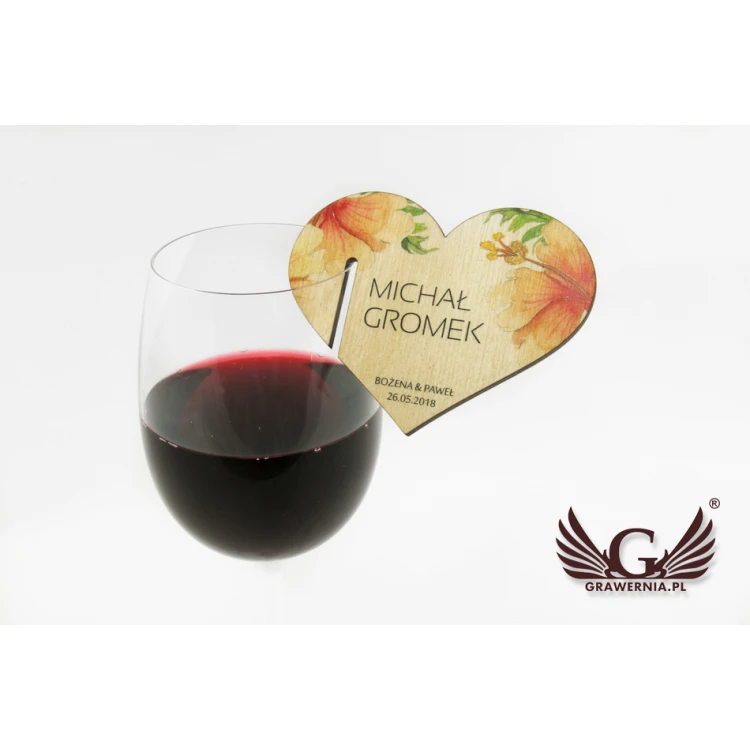 Wine Glass Place Cards - Wooden Hearts - UV Print - WK003
