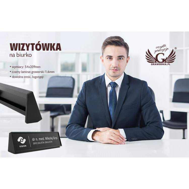 Desk Business Card Holder with Engraved Plaque - Black - VIS003