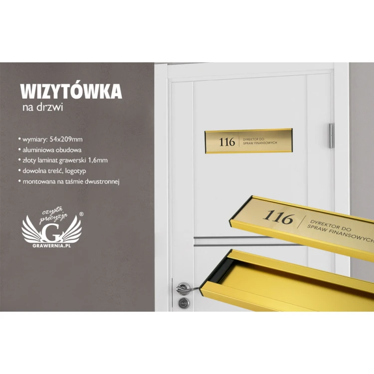 Door sign with engraved plaque - gold frame - WND002