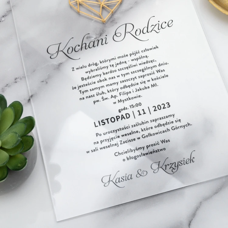 Wedding Invitations for Parents - size 148x210mm (A5) - plexi and gold acrylic - INV094
