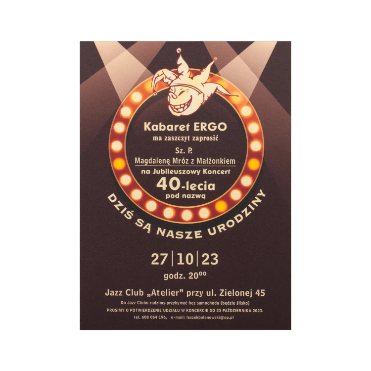 Invitation to the anniversary concert in the form of a wooden plaque - size 133x184mm - INV095