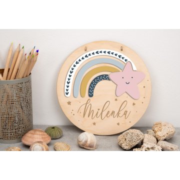 Wooden plaque with child's name - Rainbow and star - diameter 290mm - NAP038