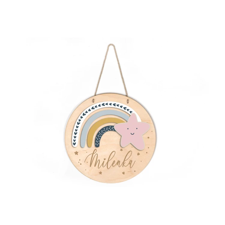 Wooden plaque with child's name - Rainbow and star - diameter 290mm - NAP038