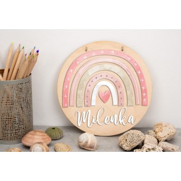 Wooden Plaque with Child's Name - Rainbow 2 - Diameter 290mm - NAP039