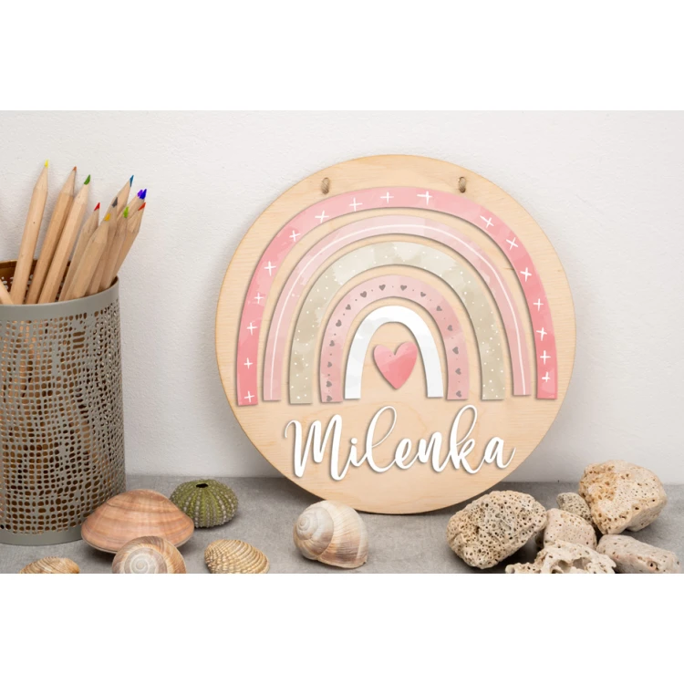 Wooden Plaque with Child's Name - Rainbow 2 - Diameter 290mm - NAP039