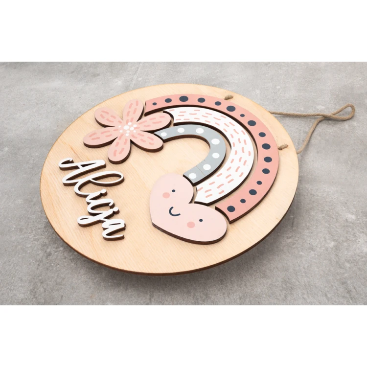 Wooden Plaque with Child's Name - Rainbow 5 - Diameter 290mm - NAP042